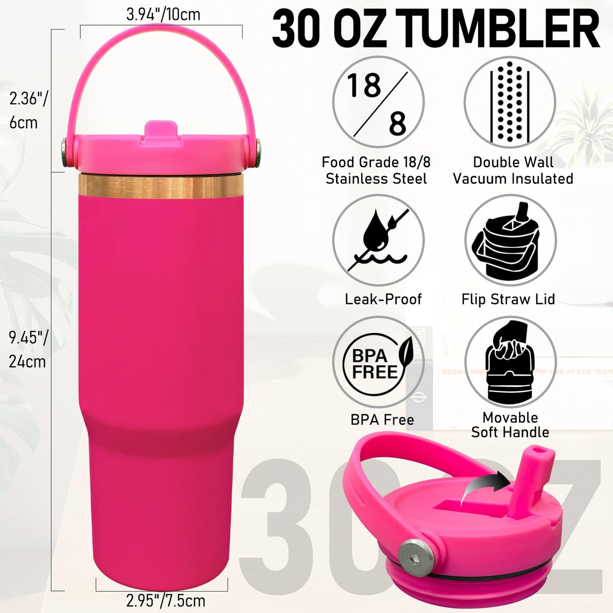 30 oz Tumbler Bulk with Top Handle and Flip Straw Rosy