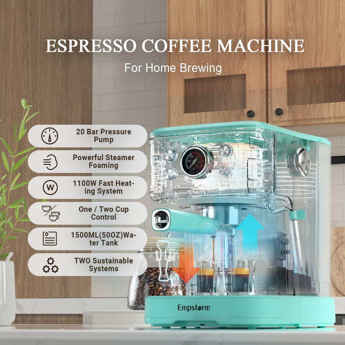 EM 04E 20Bar Espresso Machine with Milk Frother Steam 1100W TBlue