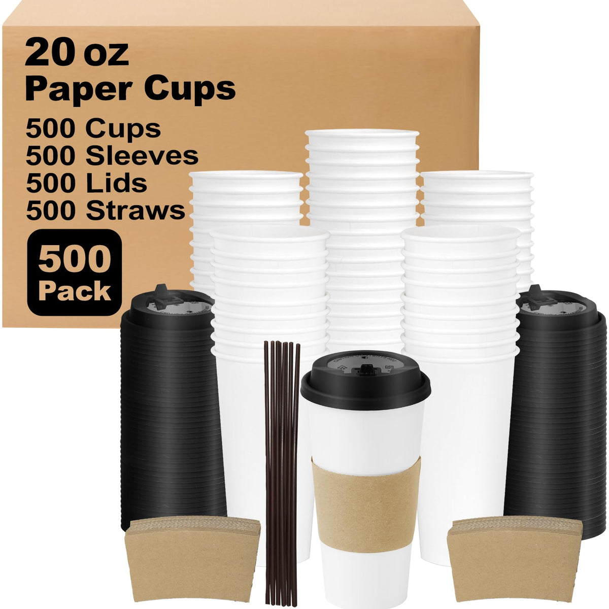 20 oz 500 Pack Coffee Cups with Lids and Sleeves (500 Count)