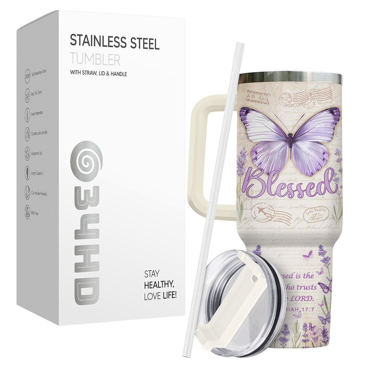 Purple Butterfly Chritian Bible 40 oz Tumbler with Handle