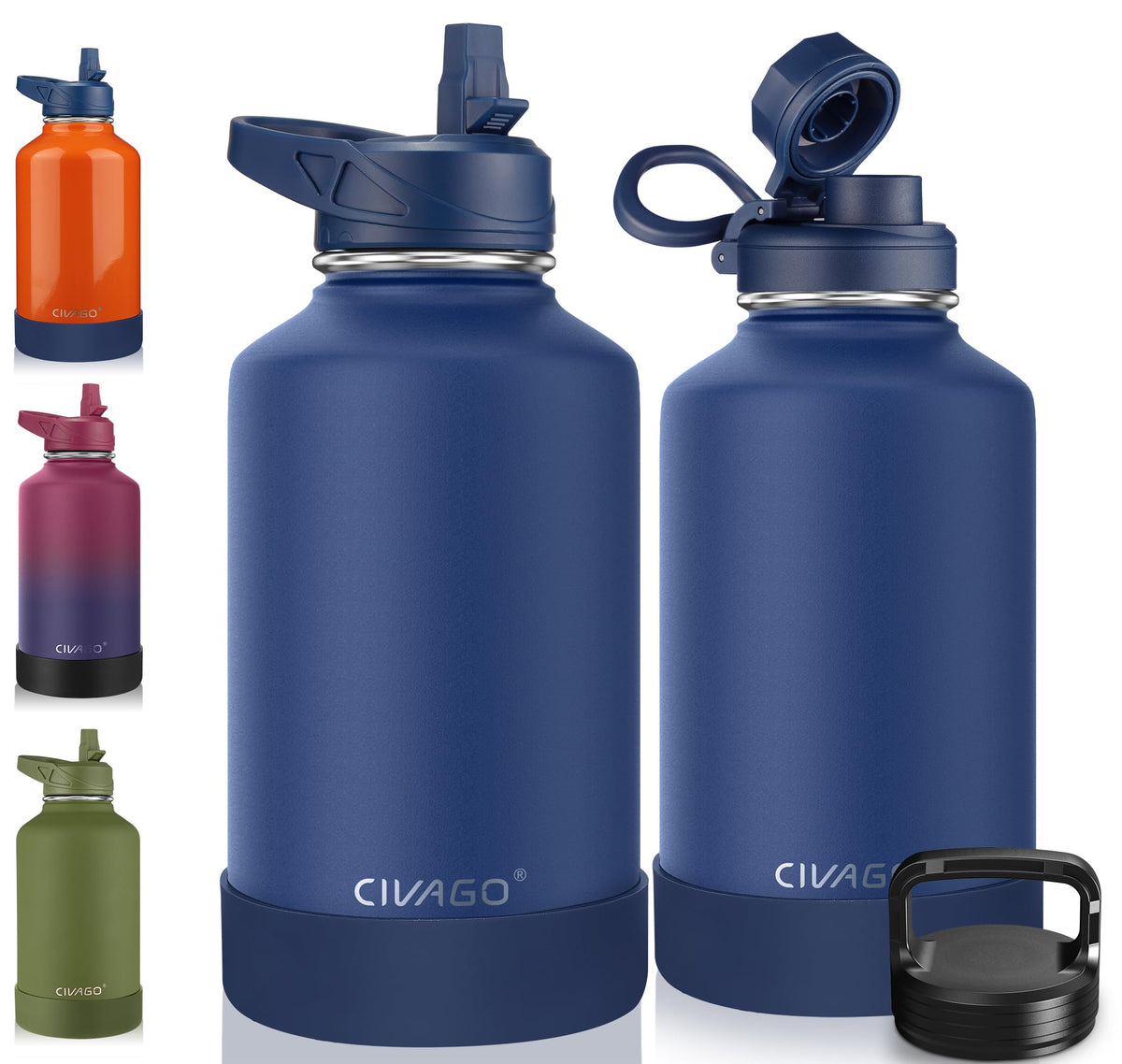 64 oz Insulated Stainless Steel Water Bottle With Straw and 3 Lids