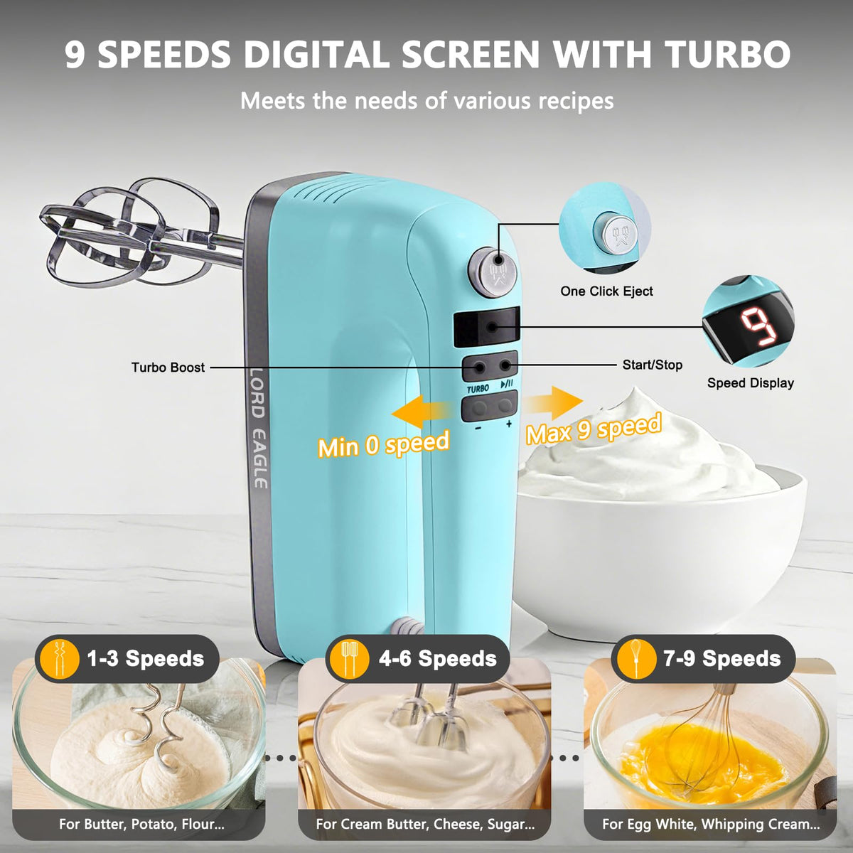 9 Speed Digital Hand Mixer Electric Handheld
