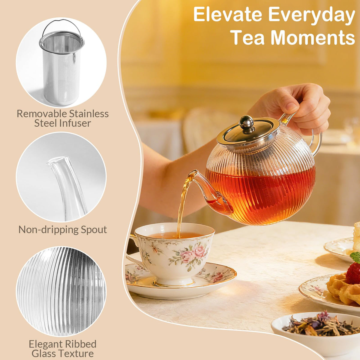 50OZ 1500ml Ribbed Borosilicate Glass Teapot with Removable Stainless Steel Infuser & Lid