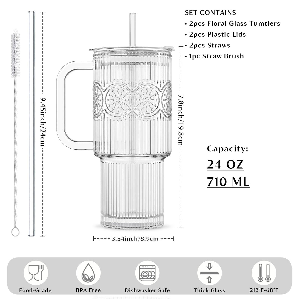 24 oz Ribbed & Floral Glass Tumblers with Handle and Lid