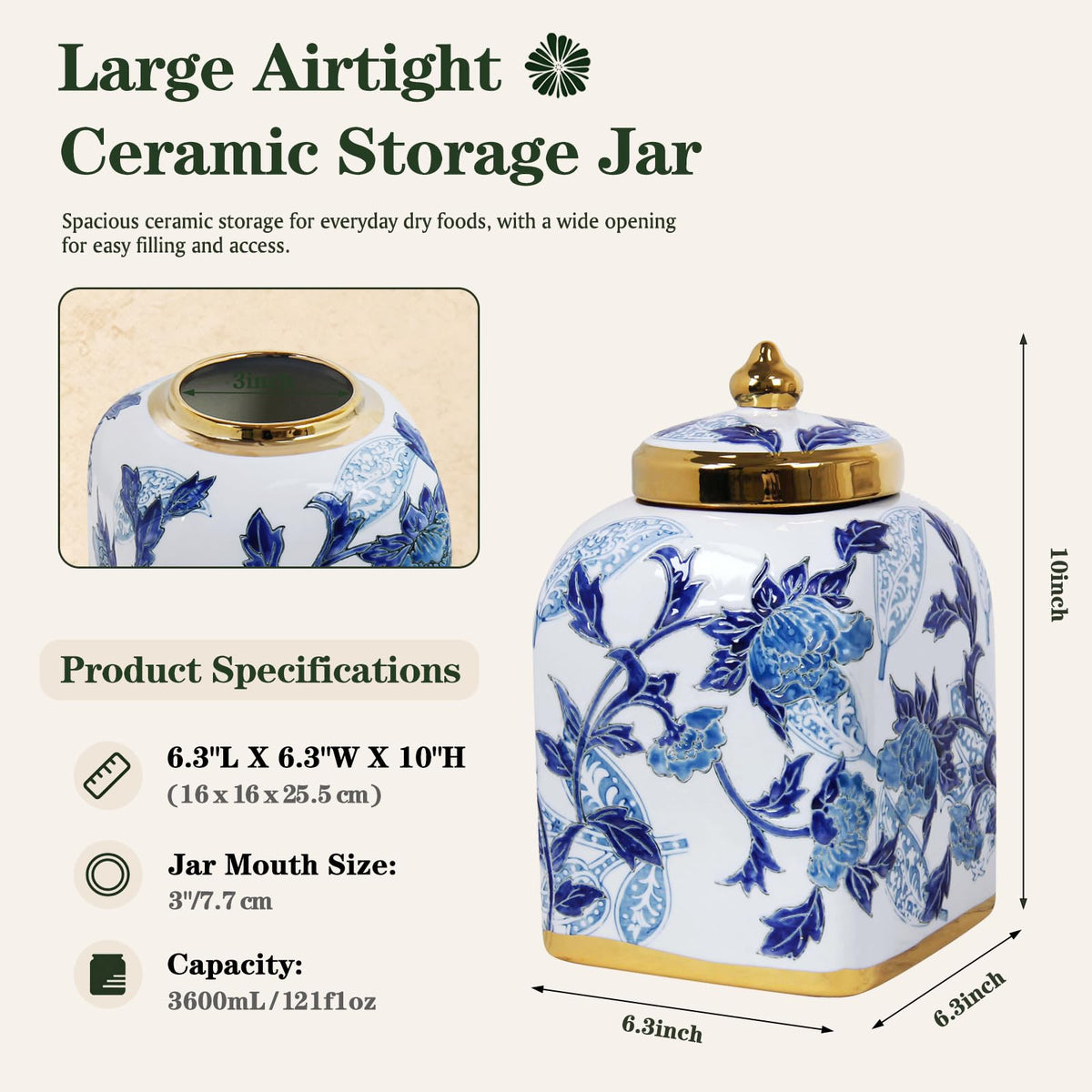 Blue and White Ceramic Tea Canister with Airtight Lid