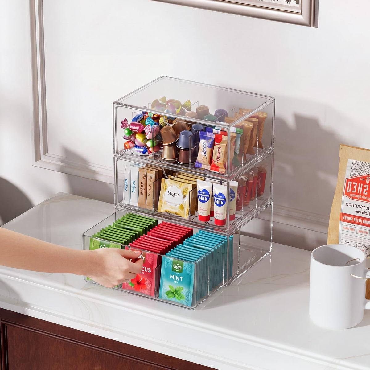 3 Pack Clear Tea Bag Organizer Drawer