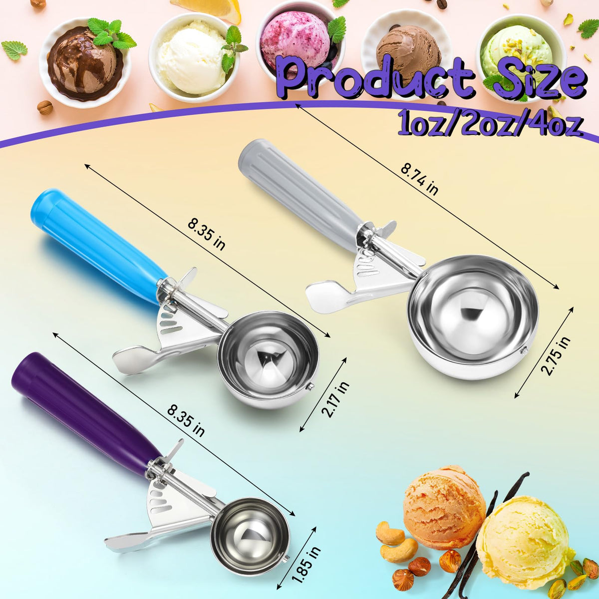 3 Pcs Release Cookie Scoops Ice Cream Scooper with Trigger Release Portion Scoop Stainless Steel for Portion Control (3 Count)