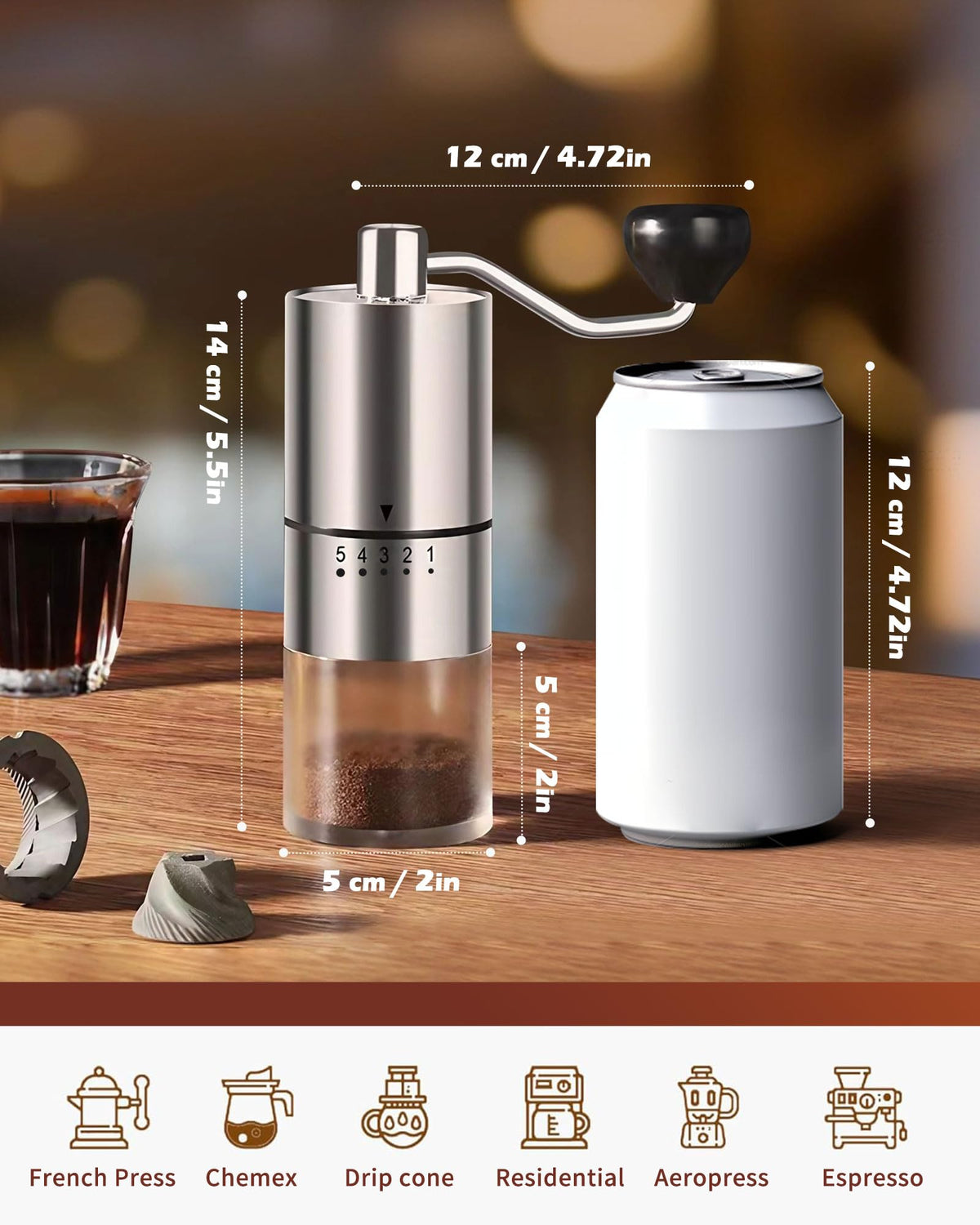 Stainless Steel Burr Manual Coffee Grinder For Drip