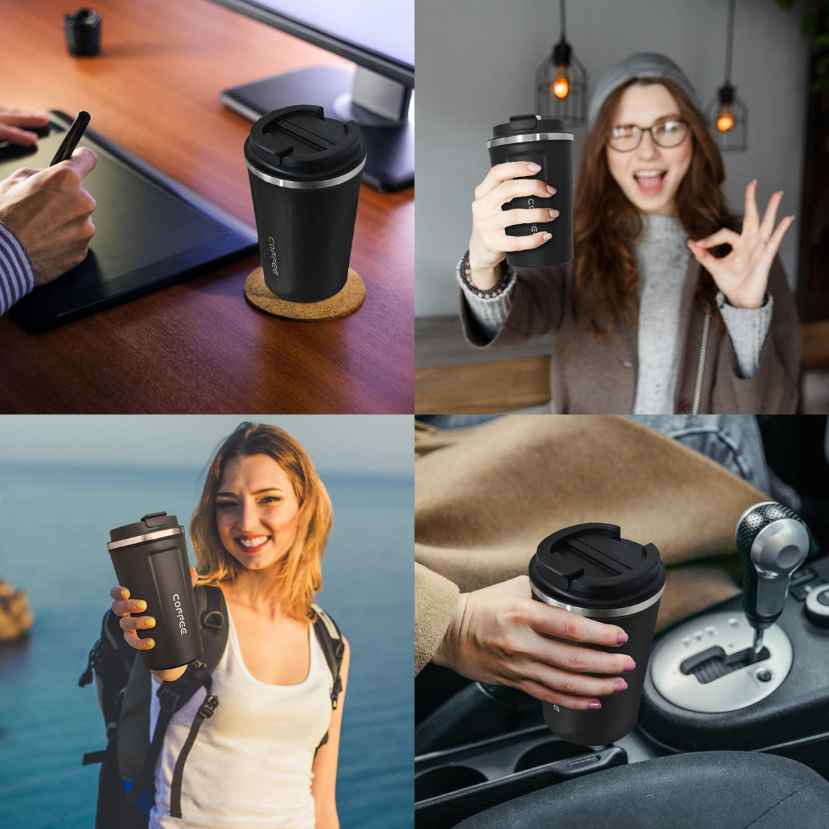 4 Pack Travel Coffee Mug 12oz Insulated Coffee Cup with Lid (4 Count)