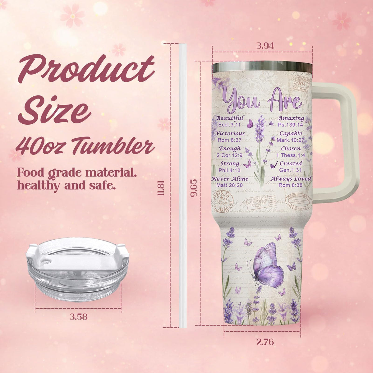 Purple Butterfly Chritian Bible 40 oz Tumbler with Handle