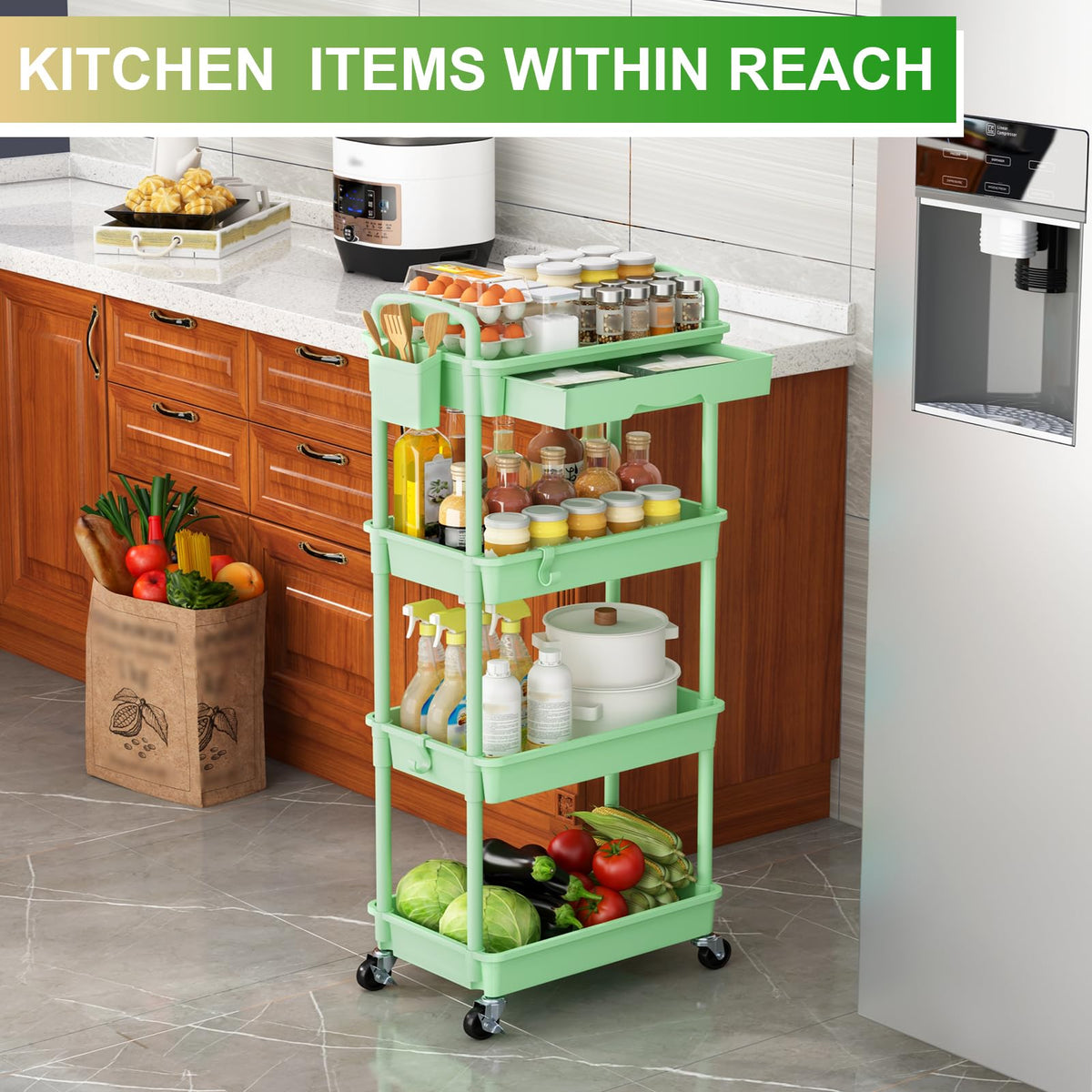 4 Tier Rolling Utility Cart Organizer with Removable Drawer
