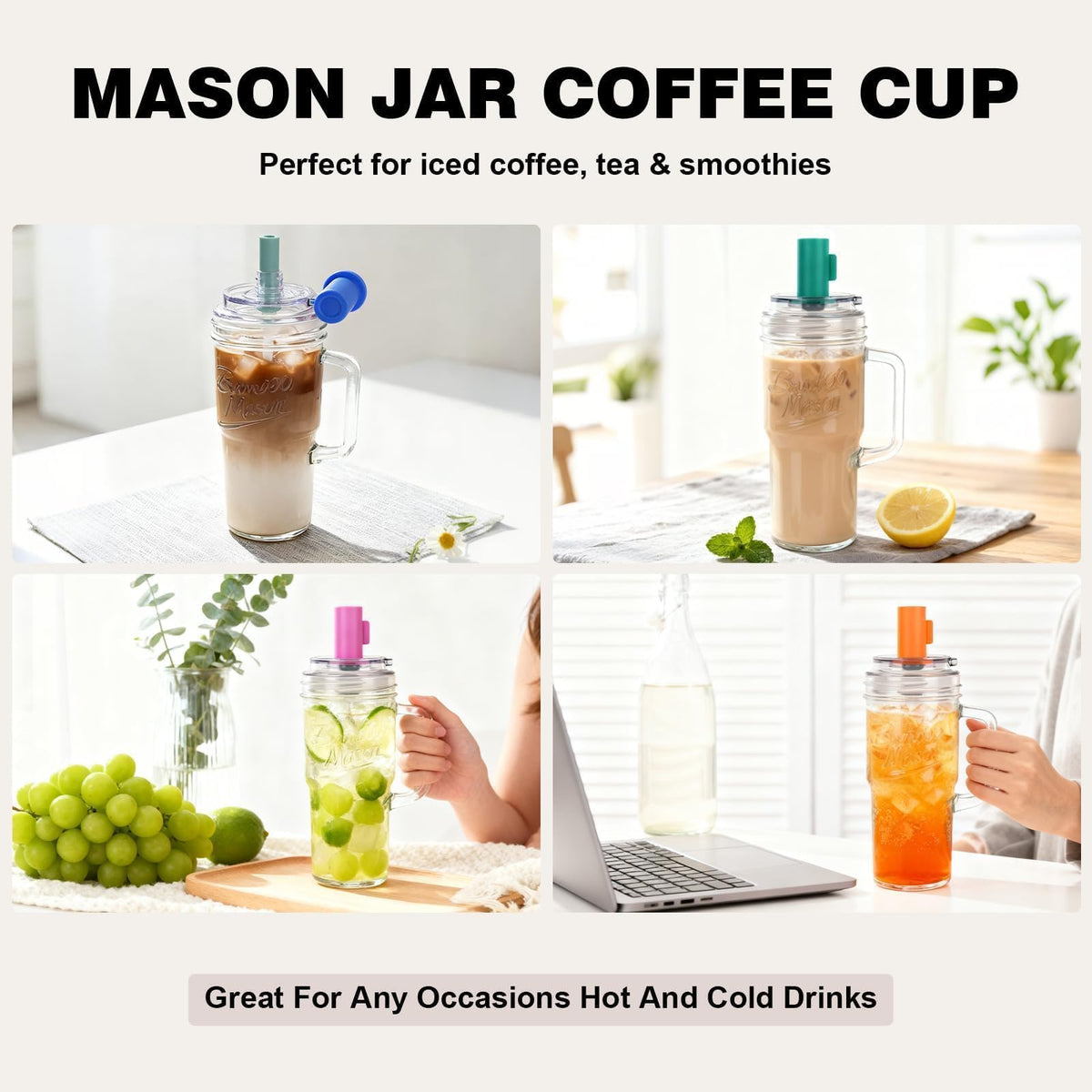 Glass Tumbler With Handle Bamboo Mason Leakproof Mason Jar Cups with Lids and Straws (2 Count)
