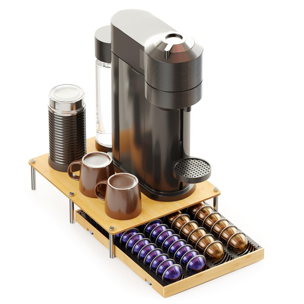 Bamboo Coffee Pod Holder Drawer Storage Compatible with Nespresso Vertuo Capsules