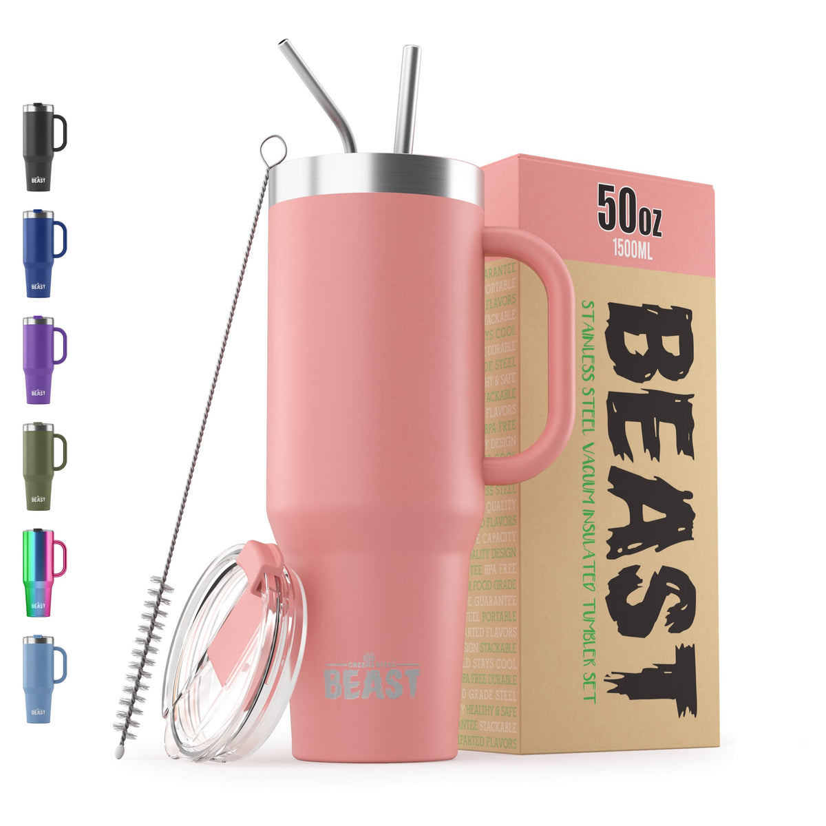 Beast 50 oz Tumbler with Handle Stainless Steel Vacuum Insulated Coffee Ice Cup Double Wall Travel Flask