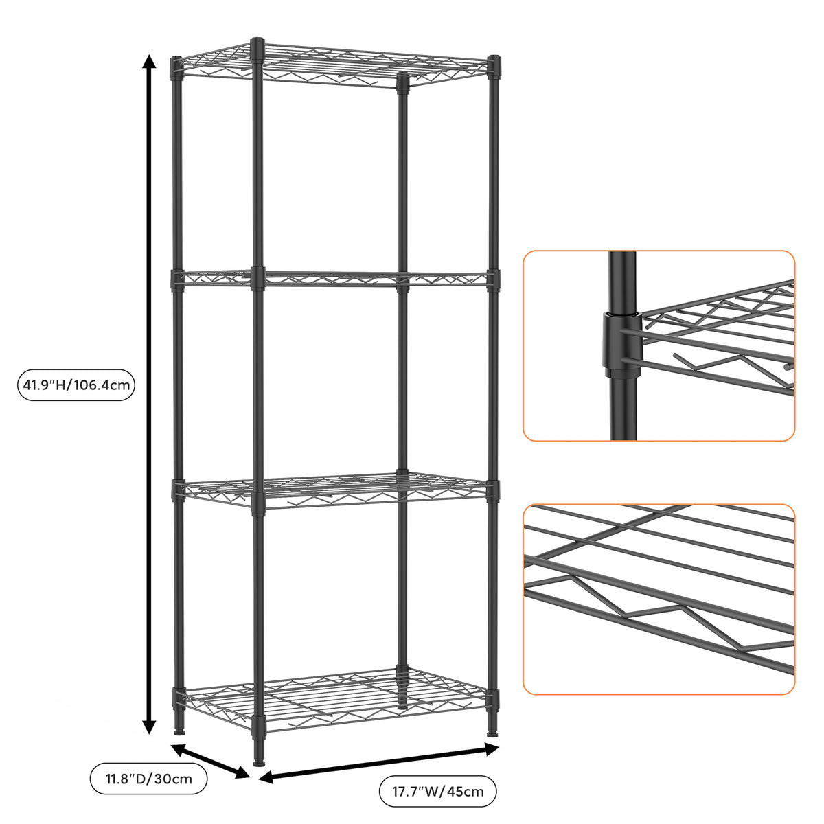 4 Tiers Shelf Metal Storage Shelves Wire Rack Closet Organizers for Garage Kitchen Bathroom Laundry Black 11.8" D x 17.7" W x 41.9" H