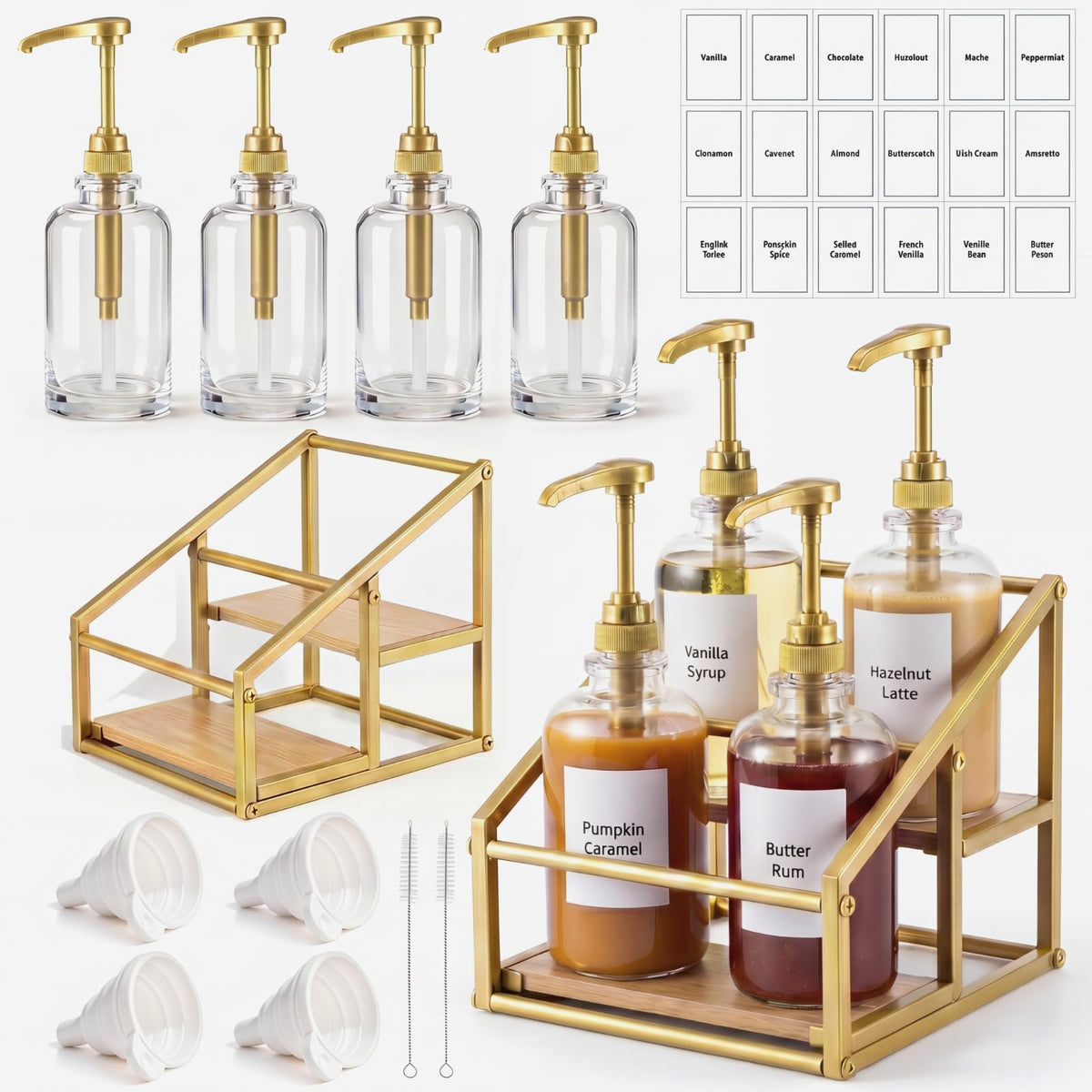 4 Pcs Coffee Syrup Dispenser Bottles with Stand (47 Count)