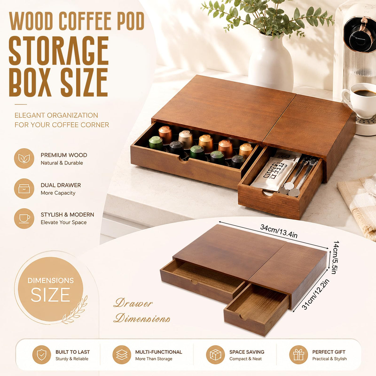 1 Pack Wooden Pod Holder Drawer Coffee Box