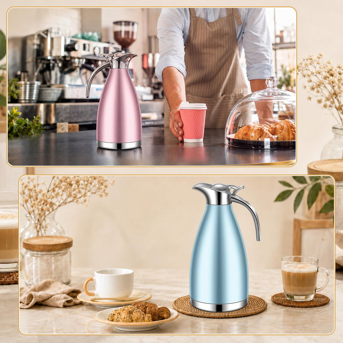 2 Pcs 68 oz Thermal Coffee Carafe Insulated Stainless Steel Coffee Carafe for Hot Liquids Vacuum Thermal Pot Creamer Dispenser with Brushes Keeping Hot Tea Milk Water