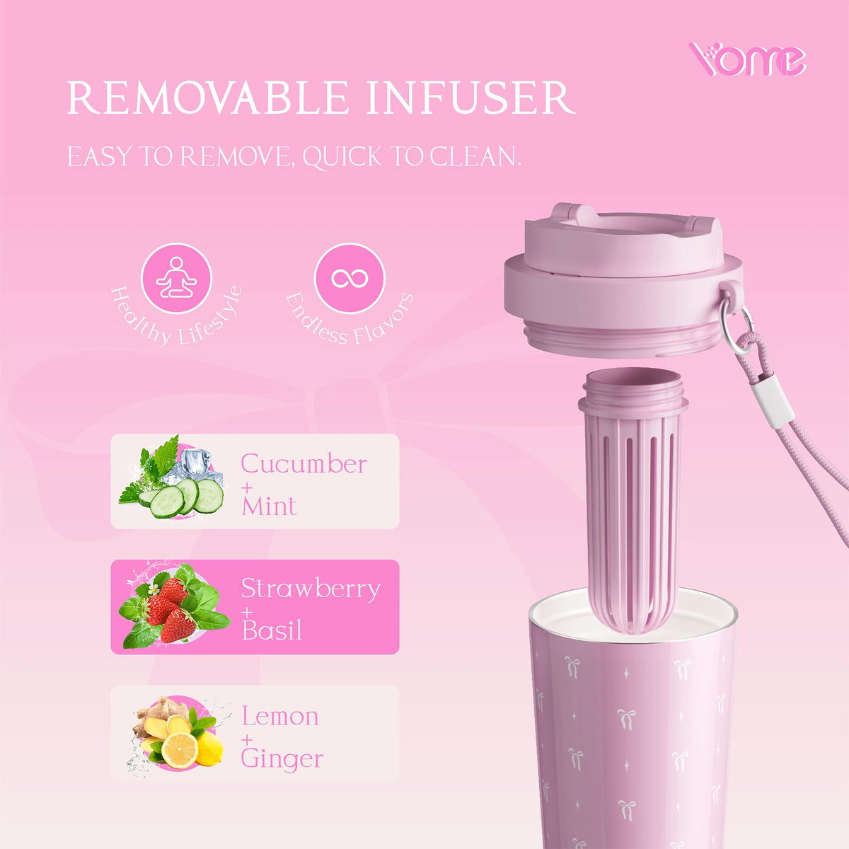 17oz Elegant Bow Pink Ceramic Lined Insulated Coffee Mug with Infuser for Women