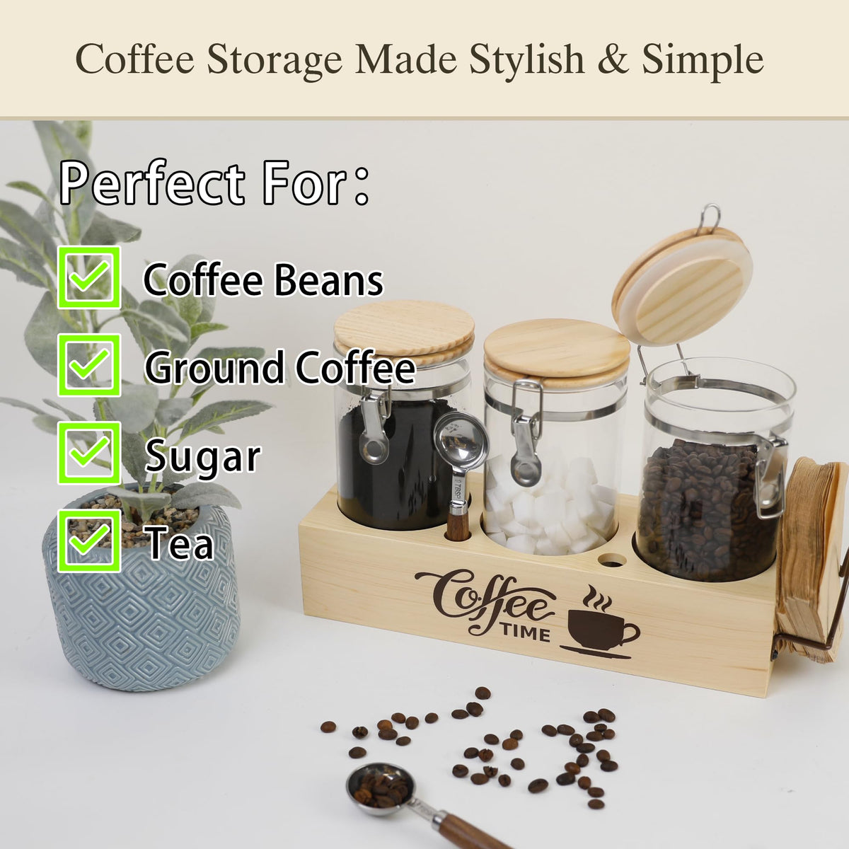 Glass Coffee Canister Set with Shelf & Spoons