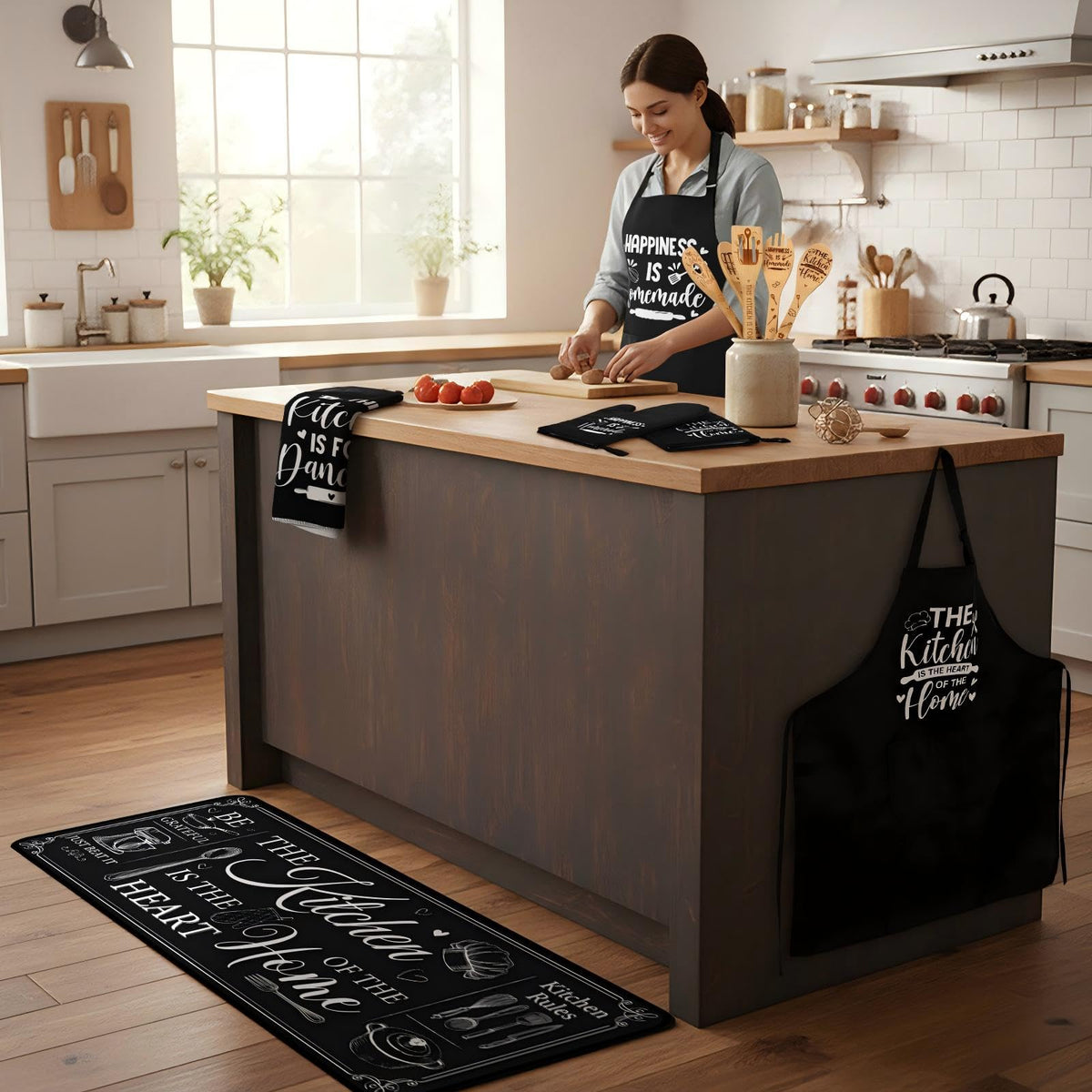 17 Pcs Black and White Kitchen Decor and Accessories Black and White Kitchen Rug and Mat Oven Mitts and Pot Holders Apron Dish Towels Cute Wooden Spoons for Home Decor Housewarming Gifts (17 Count)