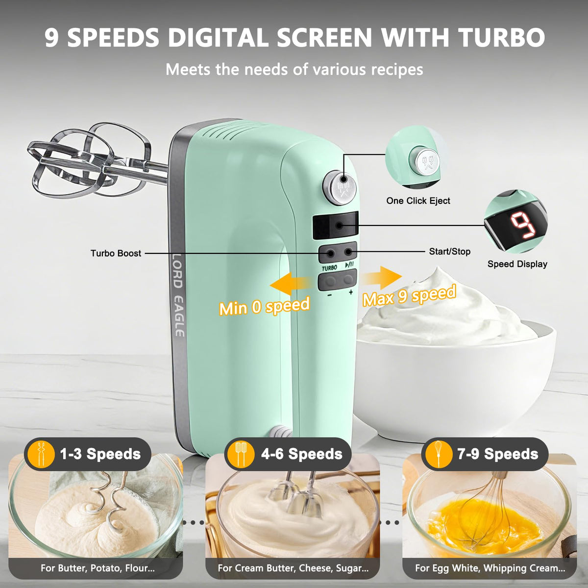 9 Speed Digital Hand Mixer Electric Handheld