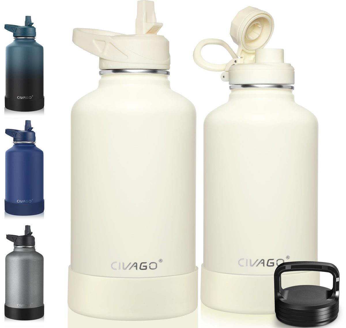 64 oz Insulated Stainless Steel Water Bottle With Straw and 3 Lids