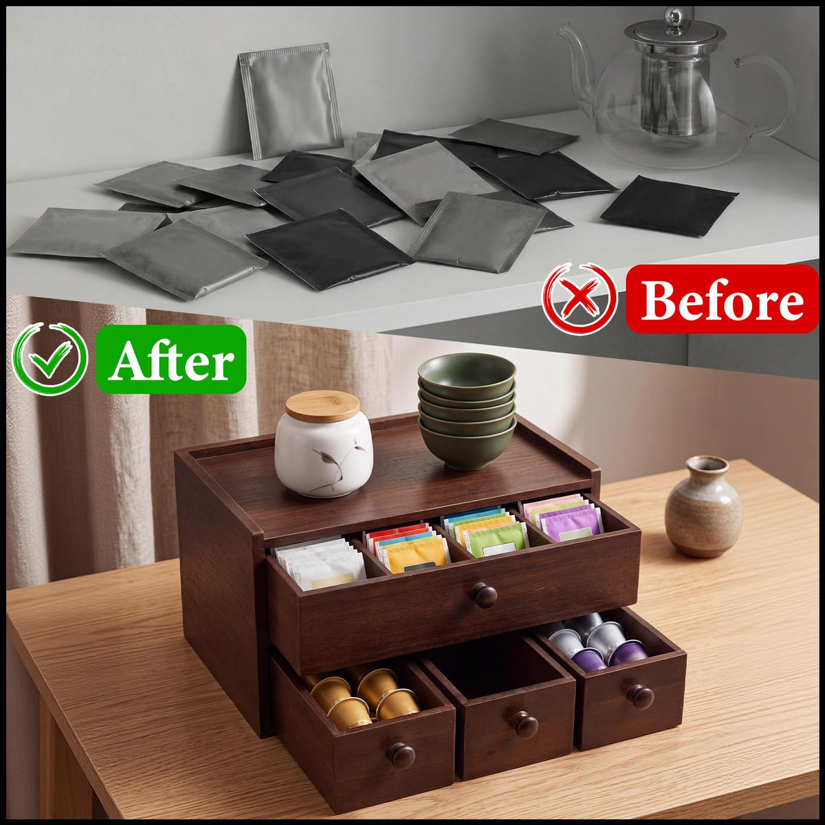 Wooden Tea Box Organizer with Drawer Wooden Coffee Pod Organizer Tea and Coffee Storage Box Double Layer for Countertop Display Cup Drawer Storage Under Brewer