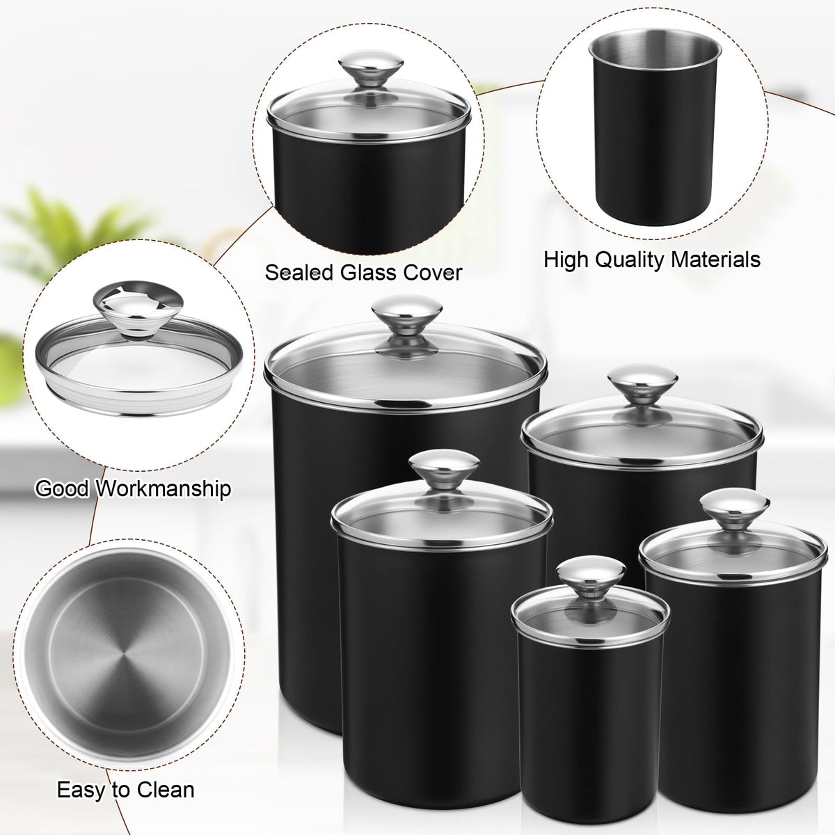 5 Pcs Stainless Steel Canister with Glass Lids Airtight Food Jar Storage Canister Set (5 Count)