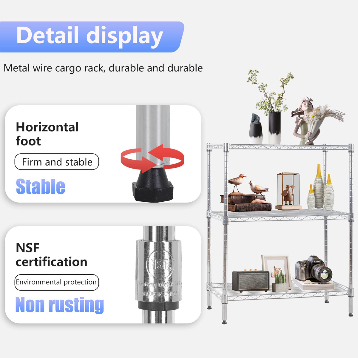 3 Tier Wire Shelving Units Metal Storage Rack 23L x 13W x 30H Adjustable Pantry Shelves NSF Kitchen Shelf for Kitchen Garage Small Places Commercial