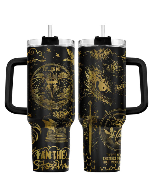 Dragon Storm Gold Black Fantasy 40 oz Tumbler with Handle