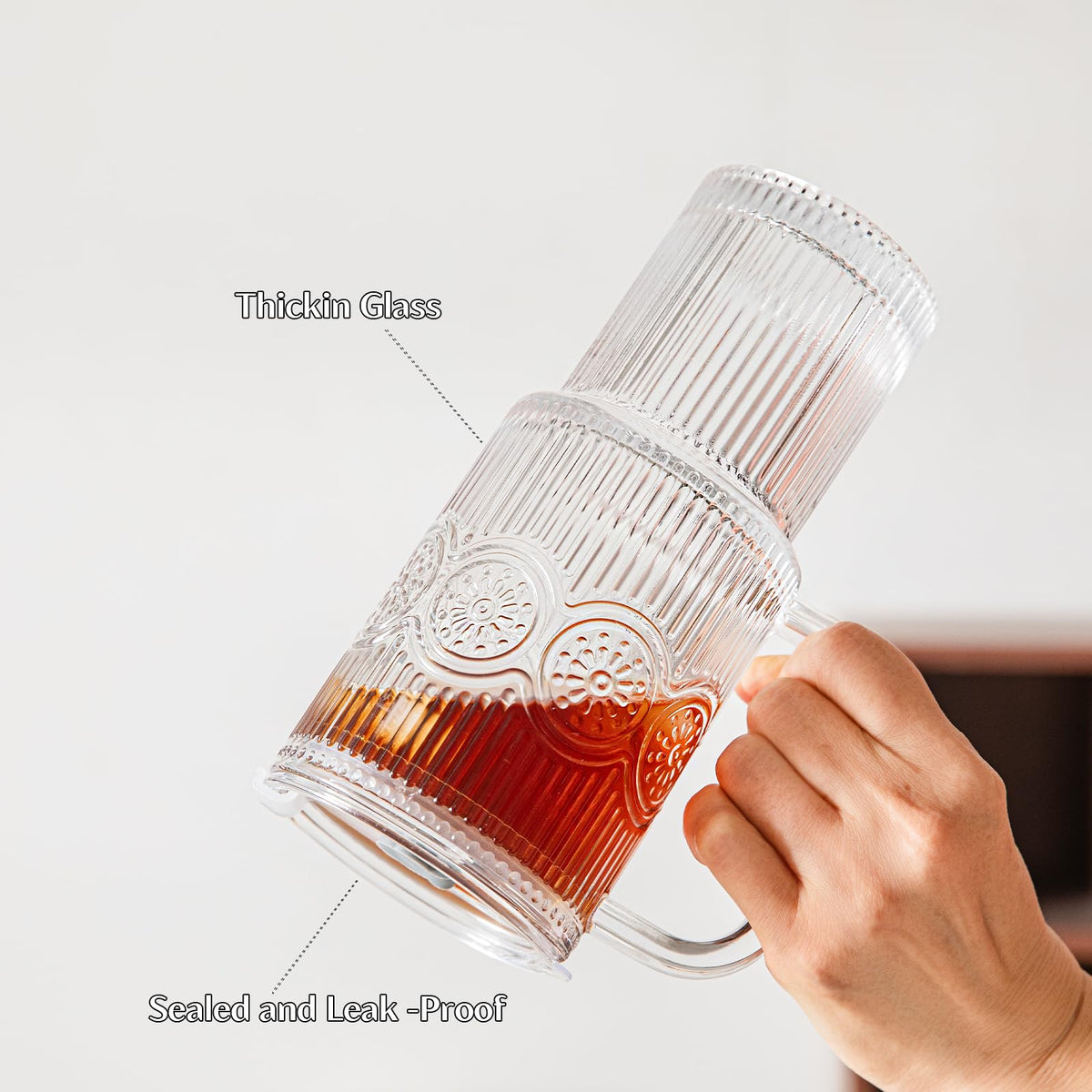 24 oz Ribbed & Floral Glass Tumblers with Handle and Lid