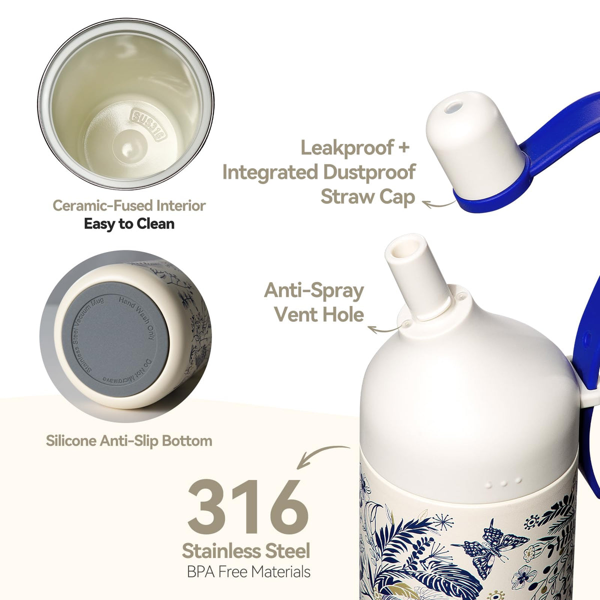 26oz Ceramic Lined Water Bottle with Straw and Lid