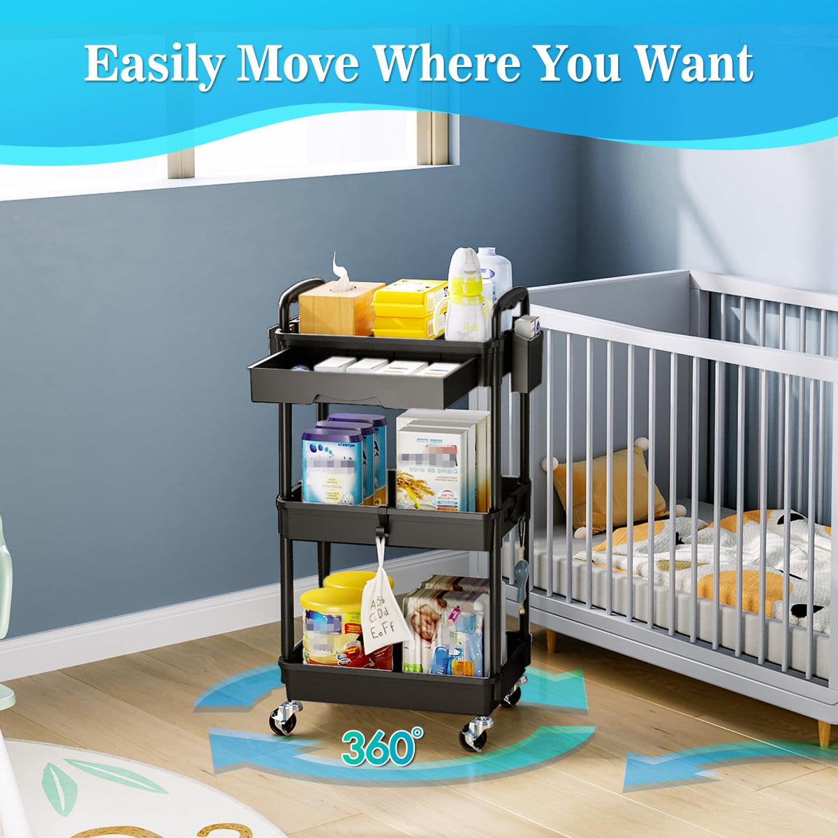 3 Tier Rolling Cart with Drawer