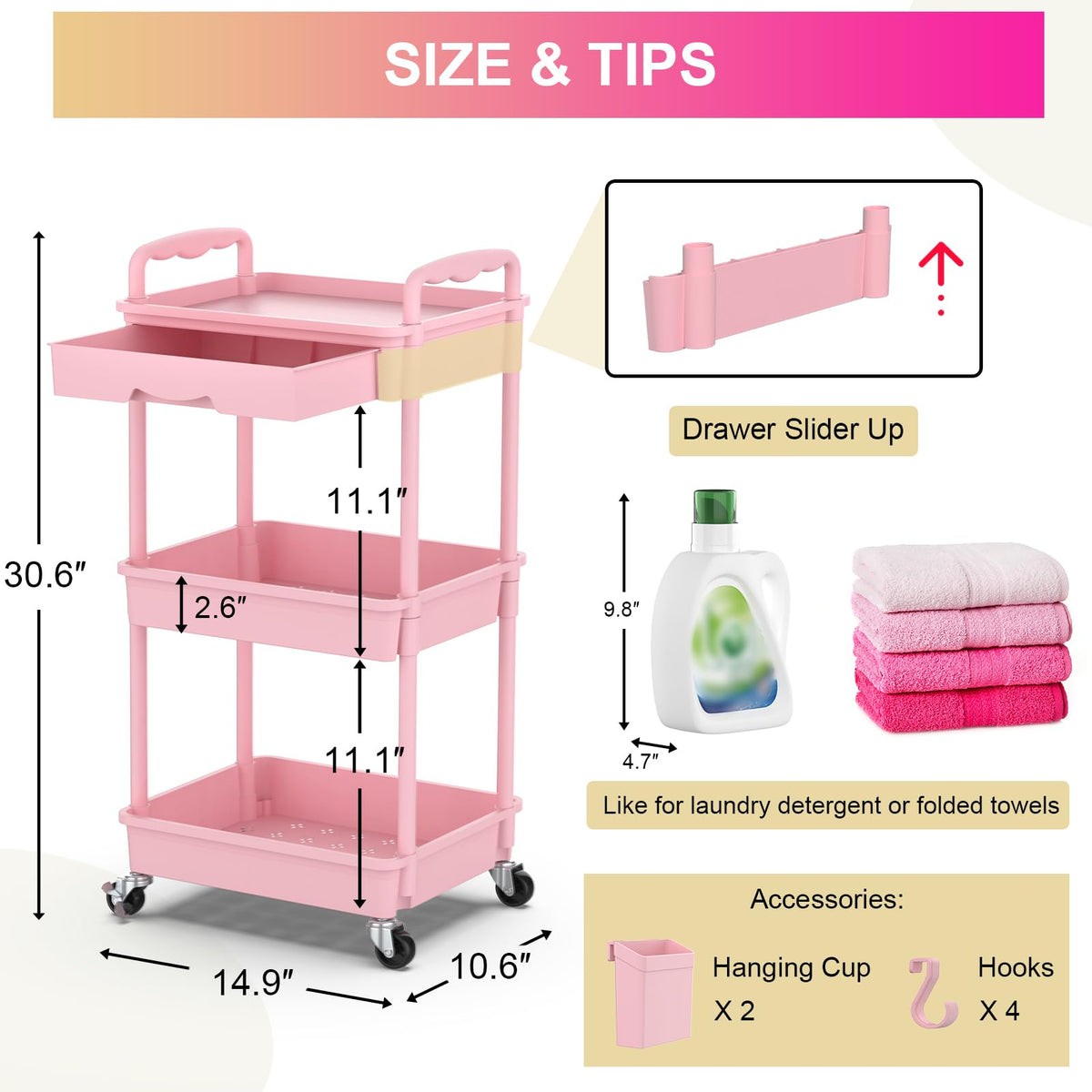 3 Tier Rolling Utility Cart Organizer with Removable Drawer
