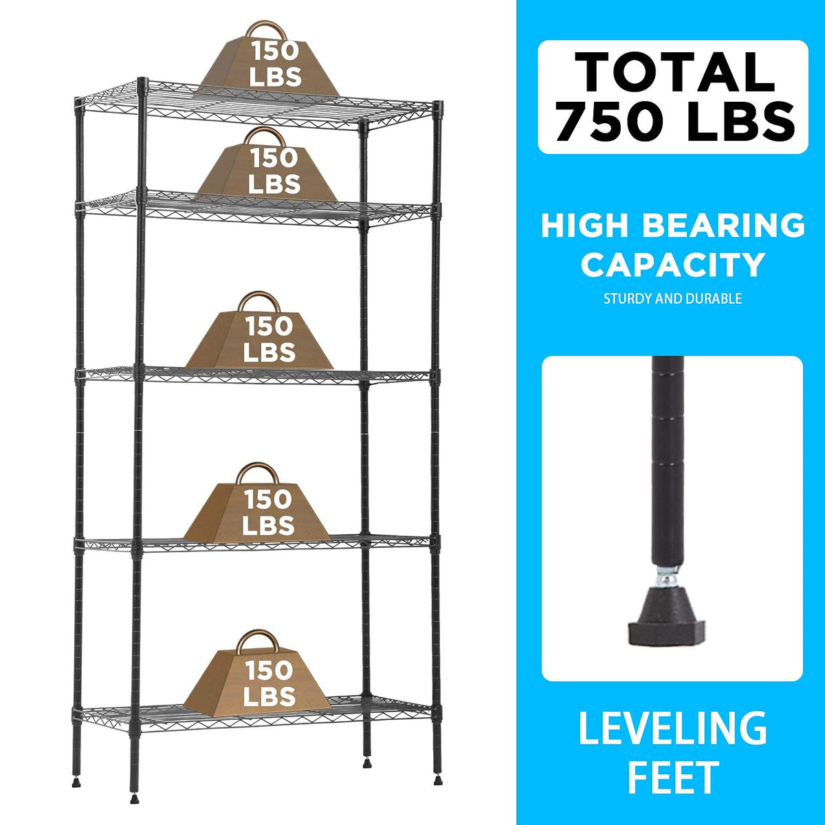30" L×14" W×60" H Wire Shelving Unit Metal Shelf with 5 Tier Casters Adjustable Layer Rack Strong Steel for Restaurant Garage Pantry Kitchen Garage