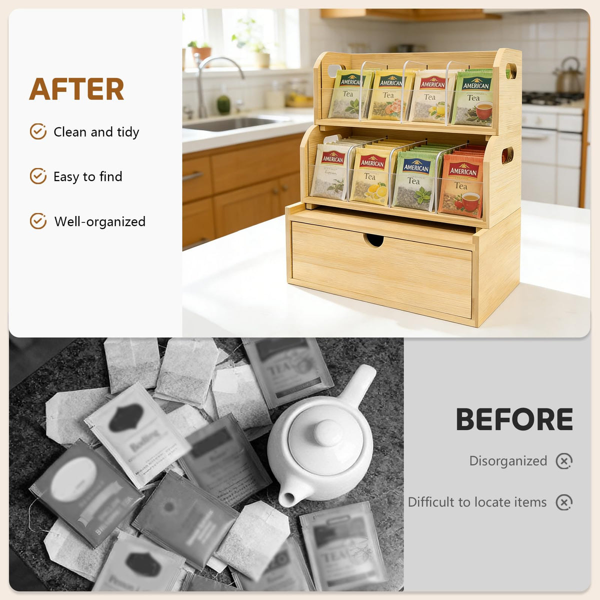 3 Layer Stackable Bamboo Tea Bag Organizer with Drawer