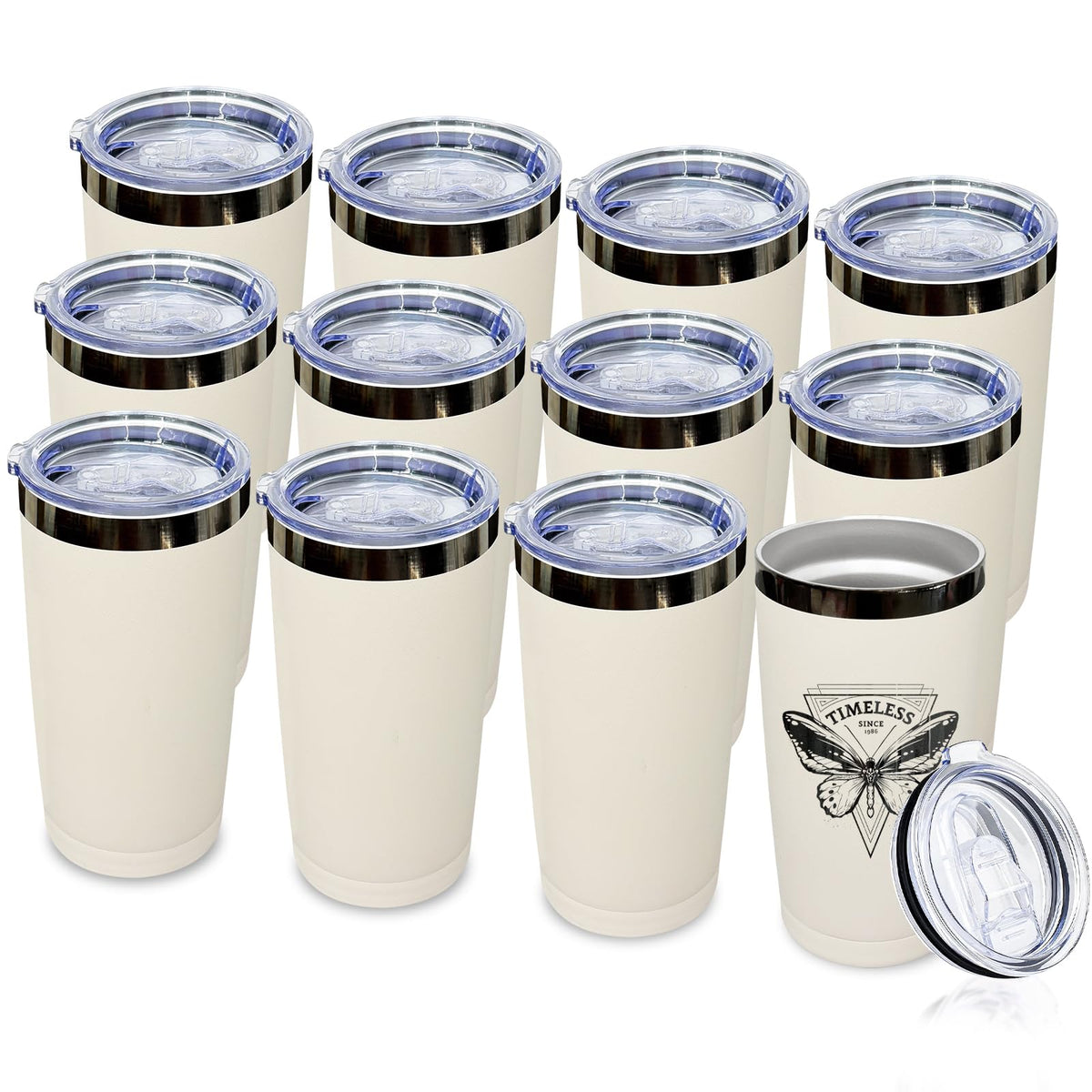 20 oz Insulated Tumblers Bulk With Lid and Straw Black Plated White (12 Count)