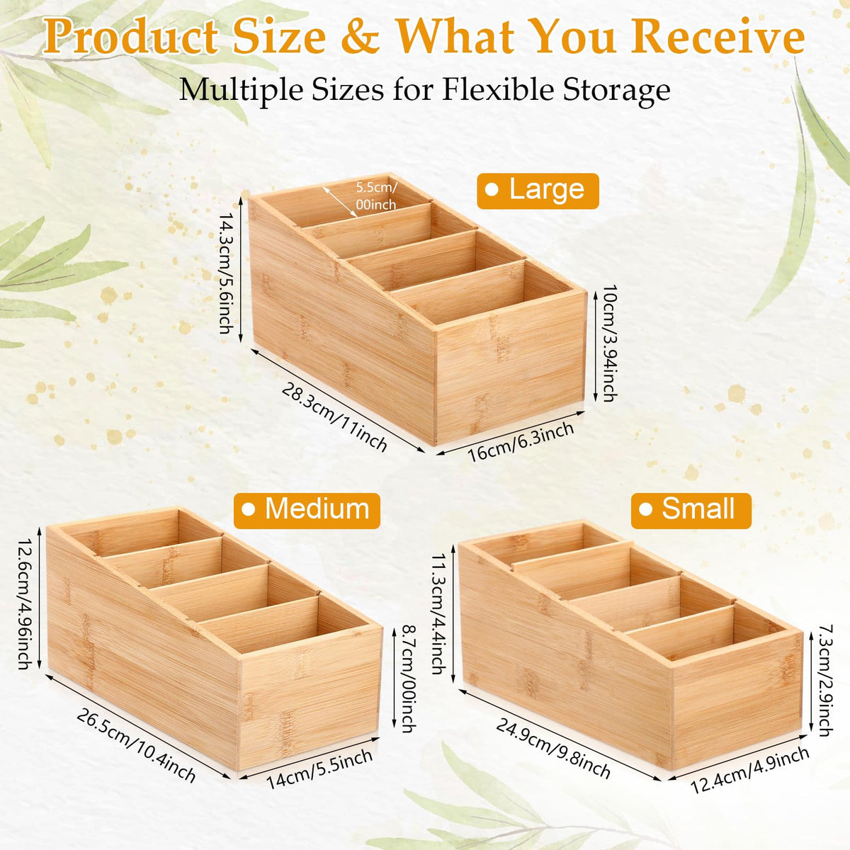 3 Pcs Different Size Bamboo Snack Organizer with Removable Dividers Wooden Storage Bins 4 Stairstep Compartments Pantry Cabinet Farmhouse Kitchen Organizer Bin for Spice Packets Coffee Pods (3 Count)
