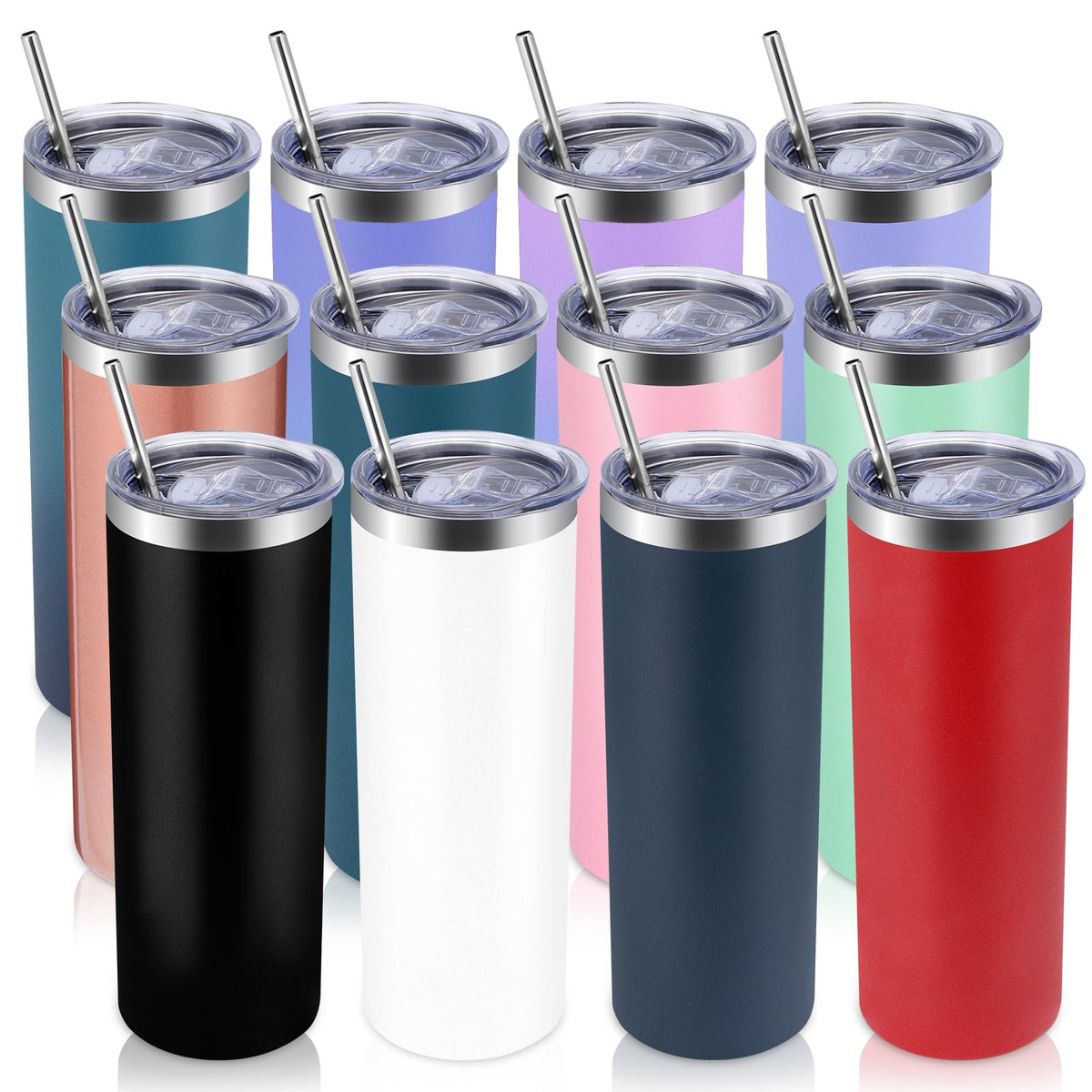 12 Pack Skinny Tumblers with Lid and Straw (12 Count)