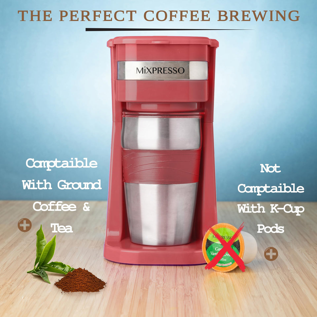 Single Serve & Single Cup Coffee Maker with 14oz Travel Mug Red