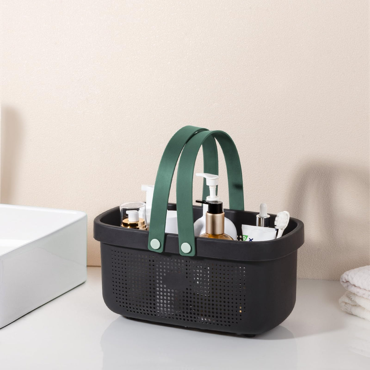 Portable Shower Caddy Basket with Handle Plastic Storage Basket Black Green