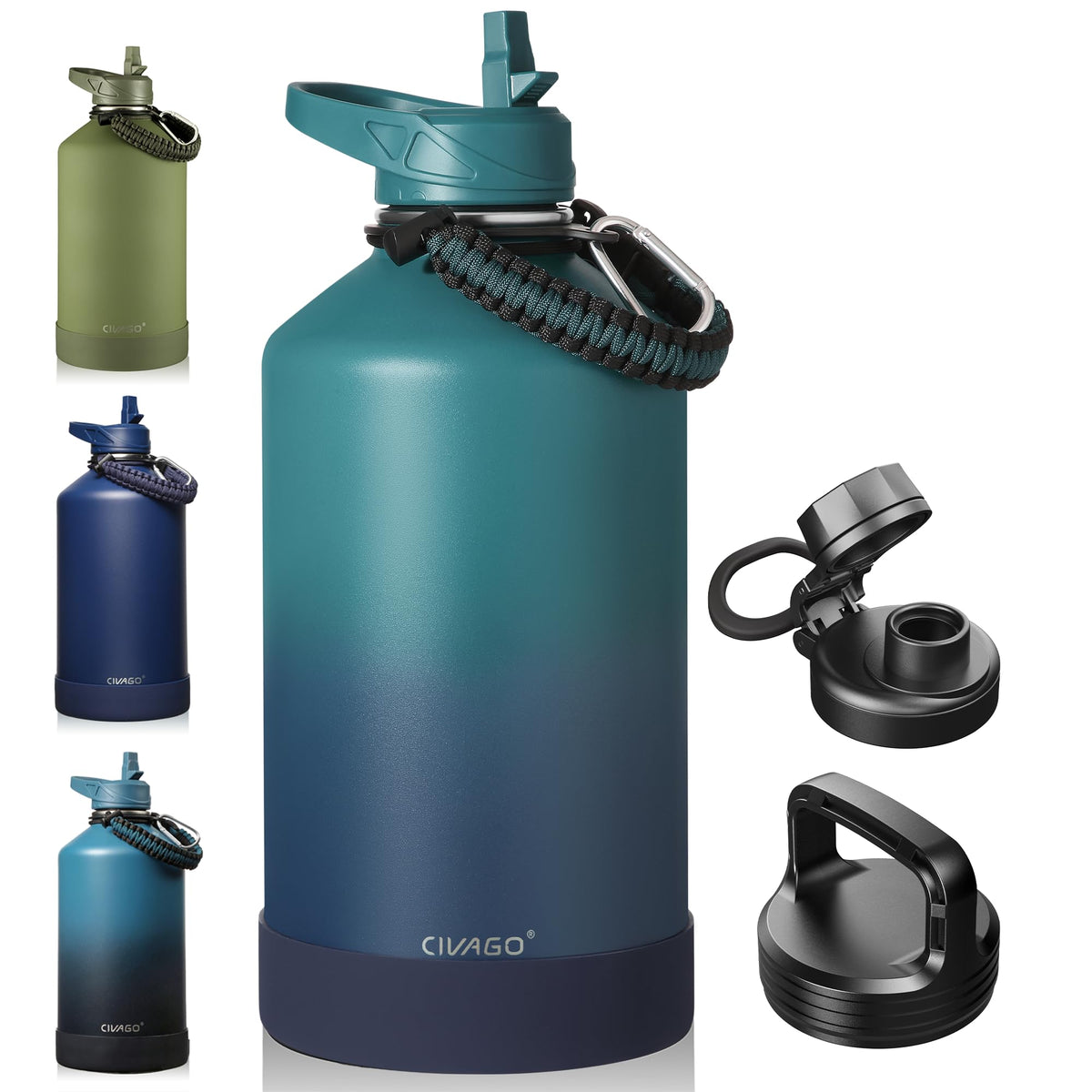 Gallon Insulated Stainless Steel Water Bottle With Straw and 3 Lids