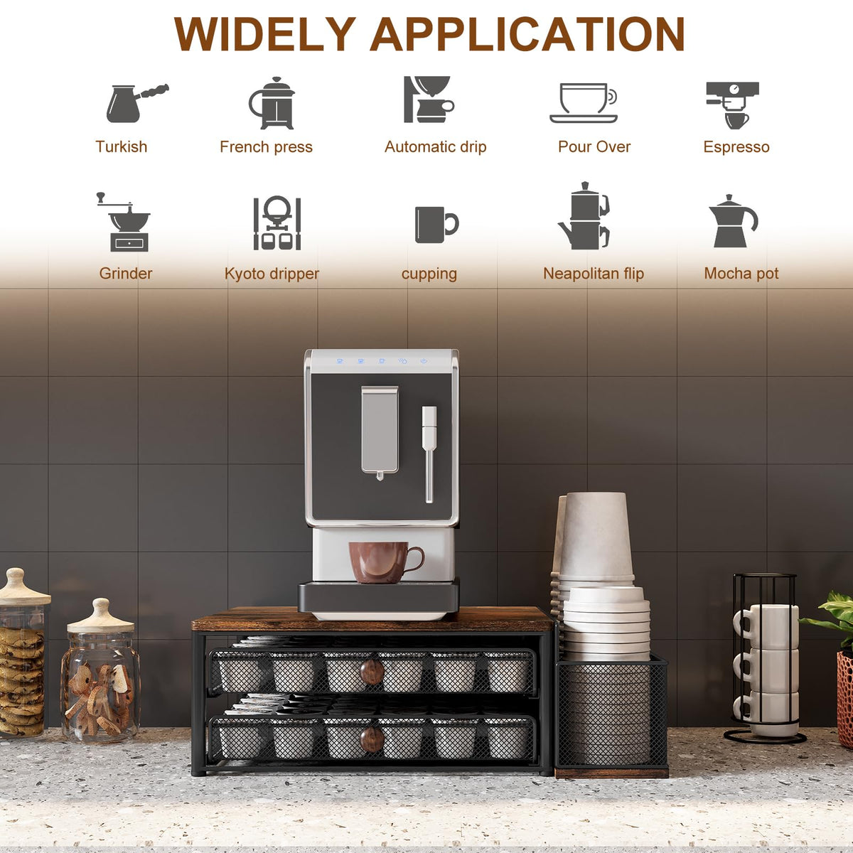 K Cup Holder 60 Capsule Capacity 2 Tier Sliding Pods Storage Drawer with Disposable Cups & Lids Holder