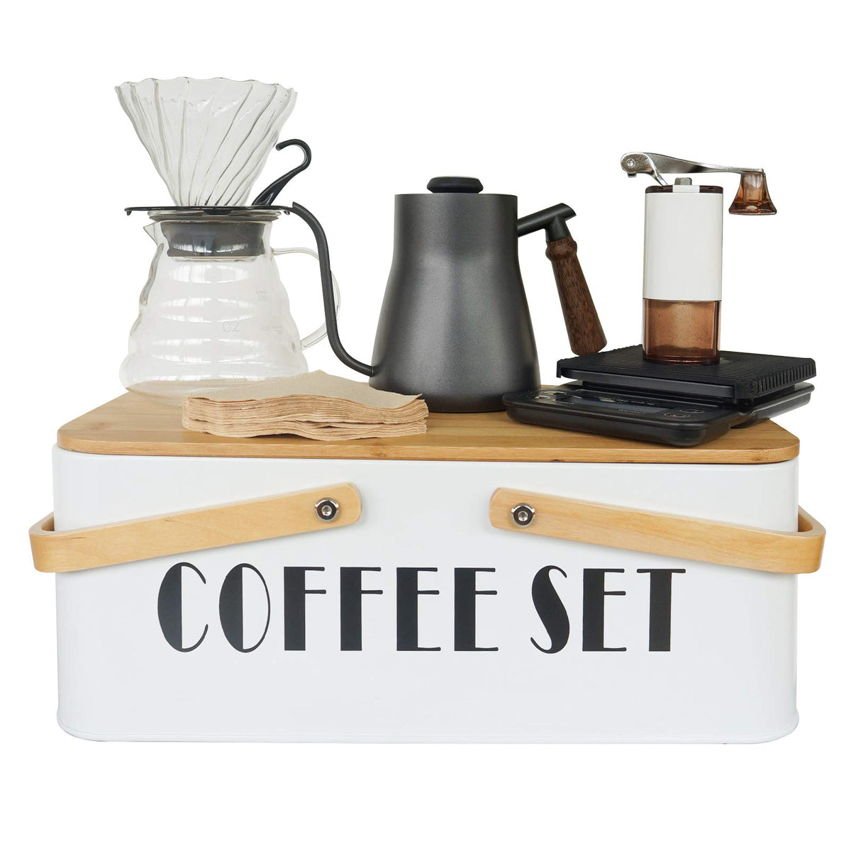 Pour Over Coffee Maker Set Coffee Kettle Scale Server Dripping Cup Bean Grinder Filter Paper Ceramic Cup ALL in 1 Great Portable Metal Box for Traveling Excellent Coffee Gift