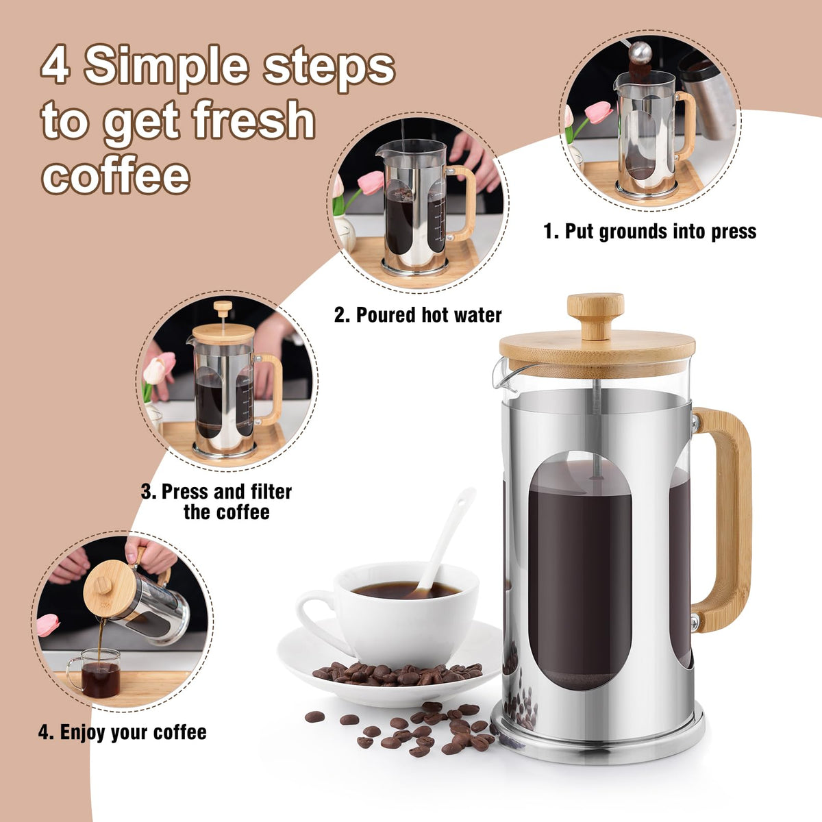 No Plastic French Press Coffee Maker 34 oz