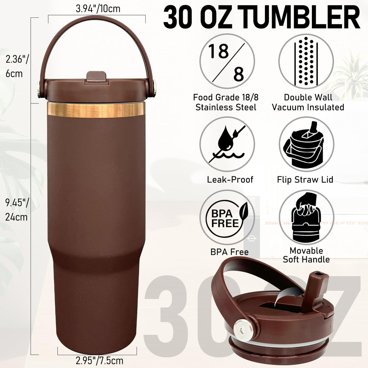 30 oz Tumbler Bulk with Top Handle and Flip Straw Browm