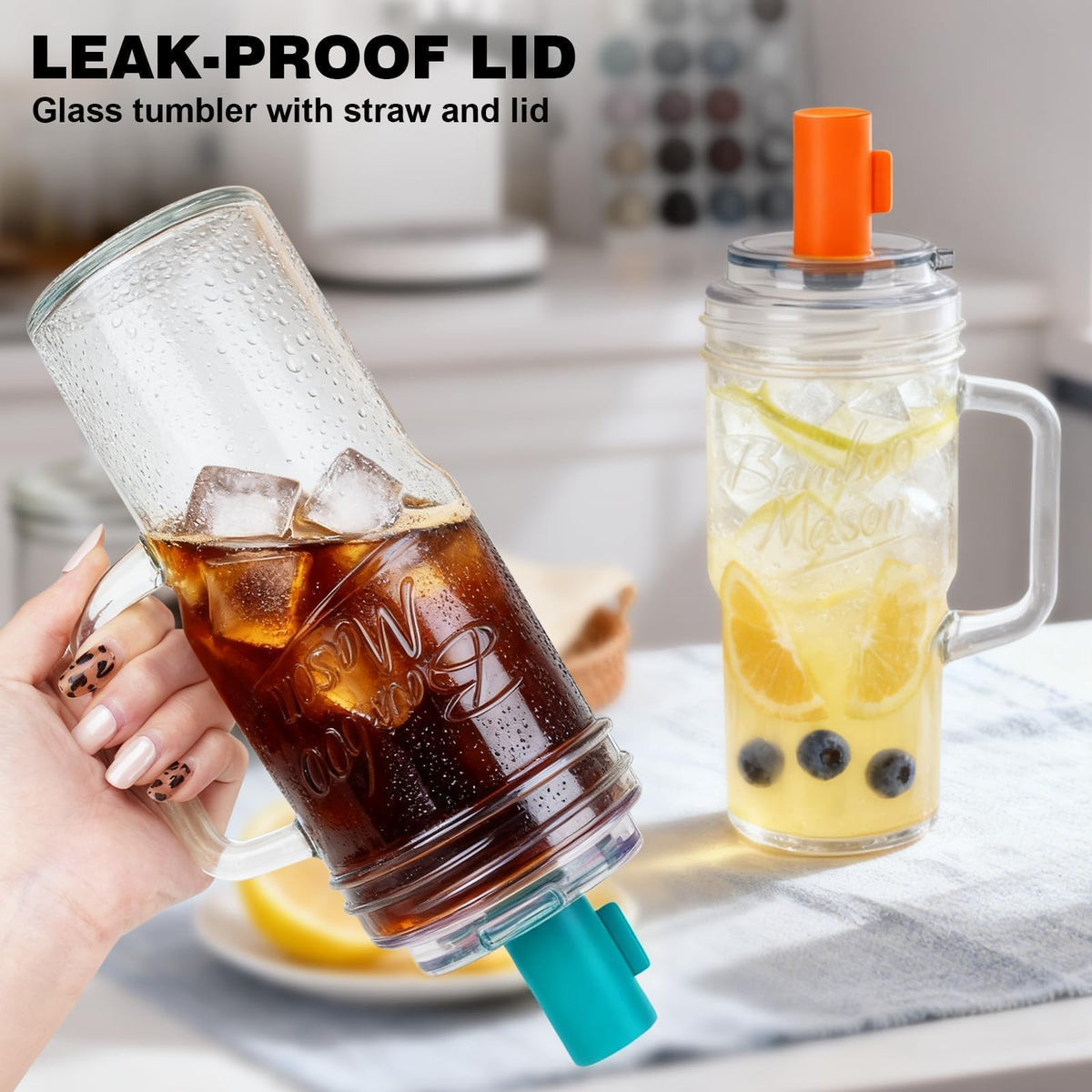 Glass Tumbler With Handle Bamboo Mason Leakproof Mason Jar Cups with Lids and Straws (2 Count)