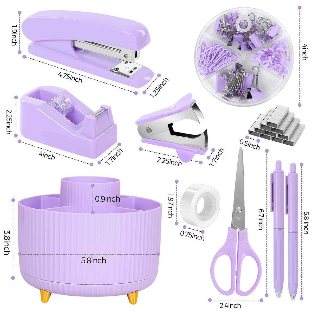 Purple Office Supplies Set with Pencil Holder for Desk