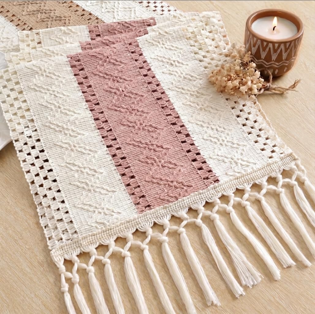 Boho Table Runner with Tassels for Home Decor 12x72 Inches Pink (6 Sq Ft)